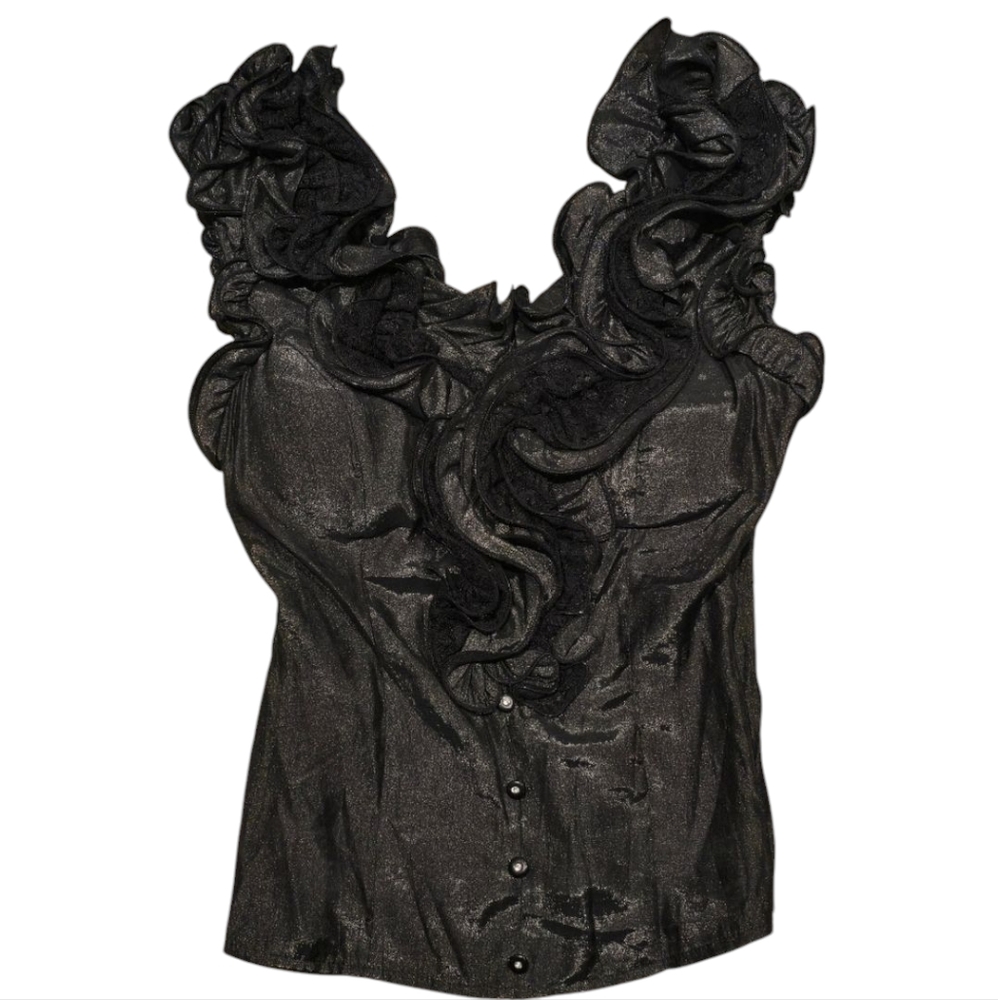 Oh Yes Y2K Black Shimmery Camisole Ruffle‎ Faux Button Detail Size Small